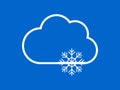 Blue clouds and snowflakes on a white background. Modern weather forecast design during snowfall in winter. Freeze