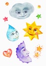 Cloud, star, raindrop and moon, watercolor painting, naive drawing with smiling faces