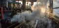 A cloud of steam surrounds the marine diesel engine as it cranks to life after being started