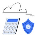Cloud storage with calculator and shield representing security and data protection Royalty Free Stock Photo