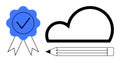 Cloud Storage, Certification Approval, and Creativity Concept with Iconic Pencil and Verified Badge Royalty Free Stock Photo