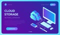 Cloud storage. Cloud Computing Technology Isometric Concept with Computer, Smartphone and Smart Watch Icons. Data transfers on Royalty Free Stock Photo