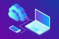 Cloud storage. Cloud Computing Technology Isometric Concept with Laptop and Smartphone Icons. Data transfers on Internet from gadg Royalty Free Stock Photo