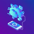 Cloud storage. Cloud Computing Technology Isometric Concept with Smartphone Icons. Data transfers on Internet from Royalty Free Stock Photo