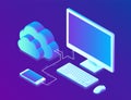 Cloud storage. Cloud Computing Technology Isometric Concept with Computer and Smartphone Icons. Data transfers on Internet from ga Royalty Free Stock Photo