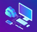 Cloud storage. Cloud computing technology isometric concept with computer, smartphone and smart watch icons. Data transfers on int Royalty Free Stock Photo