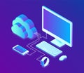Cloud storage. Cloud Computing Technology Isometric Concept with Computer, Smartphone and Smart Watch Icons. Data transfers on Int Royalty Free Stock Photo