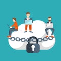 Cloud storage concept. Illustration of young people using laptop for downloading app from cloud storage. Flat design of people sit Royalty Free Stock Photo