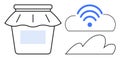 Cloud storage concept with jar representing data storage alongside cloud with wireless signal icon Royalty Free Stock Photo