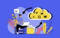 Cloud storage concept with modern flat design for web. Woman transfers content and files to cloud, creating data backup and opens