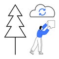 Cloud Storage Concept with Tree, Cloud Icon, and Person Uploading Data Royalty Free Stock Photo