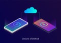 Cloud storage 3d isometric flat design, data transfers on Internet cloud technology from gadget to gadget. Vector illustration. Royalty Free Stock Photo