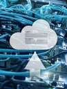 Cloud storage, data access, login and password request window on server room background. Internet and technology concept Royalty Free Stock Photo