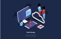 Cloud Storage Of Data Concept Vector Ilustration. 3D Isometric Composition With Cartoon Characters Shaking Hands Near Royalty Free Stock Photo