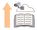 Cloud storage, data monitoring, and knowledge sharing represented by book, camera, cloud, and arrow Royalty Free Stock Photo