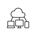 Cloud storage for devices, icon in line design. Cloud, storage, devices, sync, data, backup, file on white background