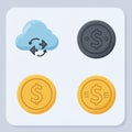 Cloud storage and digital currency icons in a flat design. The top left features a light Royalty Free Stock Photo