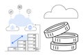 Cloud Computing with Data Servers and Coins Digital Economy and Network Security Royalty Free Stock Photo