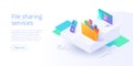 Cloud storage folder isometric vector illustration. Digital file organization service or app with data transfering. Online