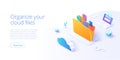 Cloud storage folder isometric vector illustration. Digital file organization service or app with data transfering. Online