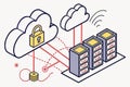 Cloud storage illustration showing secure data transfer between clouds and servers with locked data connections and network lines Royalty Free Stock Photo