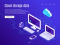 Cloud storage landing page. Synchronization clouds storages and devices, data backup and synchronize apps vector