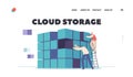 Cloud Storage Landing Page Template. Tiny Characters Computation of Big Data in Datacenter, Information Processing Royalty Free Stock Photo