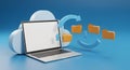 Cloud Storage with Laptop and Flowing Arrows on Blue Background Royalty Free Stock Photo
