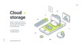 Cloud storage mobile app information backup isometric web banner design template vector Royalty Free Stock Photo