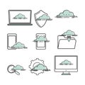 Cloud storage. Networking icons. Set vector line symbols. Outline icons for internet and online. Royalty Free Stock Photo