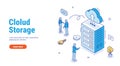 Cloud storage outline concept. Booting or using cloud servers, remote access computers. Business processes. Flat