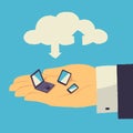 Cloud storage over human hand with tablet, laptop and smartphone