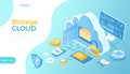 Cloud storage. Remote Data Storage service. Hosting provider, Data backup, Cloud computing. Big cloud with connected computer, pho