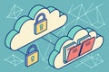 Cloud storage security concepts featuring locked clouds and document folders in a digital network illustrated in flat design style Royalty Free Stock Photo