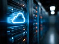 Cloud storage server with illuminated cloud icon in a data center Royalty Free Stock Photo