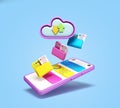 Cloud storage synchronization concept smartphone with file folders on screen 3d render on blue gradient Royalty Free Stock Photo