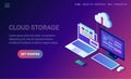 Cloud storage technology. Data backup. 3d isometric laptop, computer, pc with mobile phone isolated on background. Hosting service