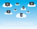 Cloud storage vector illustration. Clouds with locked smartphones and laptops on Sky background and on a cloud Royalty Free Stock Photo