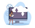 Cloud storage. Virtual space, female user interacts with virtual file and data storage, upload and download information, transfer Royalty Free Stock Photo