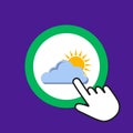 Cloud with sun icon. Weather concept. Hand Mouse Cursor Clicks the Button Royalty Free Stock Photo