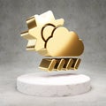 Cloud Sun Rain icon. Shiny golden Cloud Sun Rain symbol on white marble podium Royalty Free Stock Photo