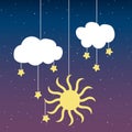 Cloud sun stars on a thread on night sky dawn card illustration Royalty Free Stock Photo