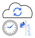 Cloud synchronization, time management, and risk assessment concept with interconnected elements Royalty Free Stock Photo