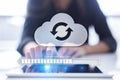 Cloud synchronization, Data storage, internet and computing concept on virtual screen. Royalty Free Stock Photo