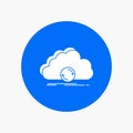 cloud, syncing, sync, data, synchronization White Glyph Icon in Circle. Vector Button illustration