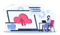 Cloud system file. Woman with laptop upload files to server. Internet safety and personal data protection. Exchange of