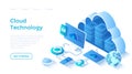 Cloud Technology. Big data processing center, cloud database, connecting information, storage, hosting.