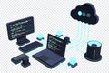 Cloud technology computing concept. Modern cloud technology. Data center isometric concept. 3D cloud technology with datacenter. Royalty Free Stock Photo