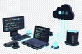 Cloud technology computing concept. Modern cloud technology. Data center isometric concept. 3D cloud technology with datacenter. Royalty Free Stock Photo