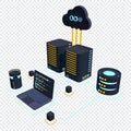 Cloud technology computing concept. Modern cloud technology. Data center isometric concept. 3D cloud technology with datacenter. Royalty Free Stock Photo